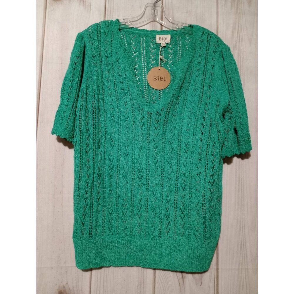 BiBi Kelly Green Crochet Pointelle Knit V-Neck Short Sleeve Top XL IP5168G‎